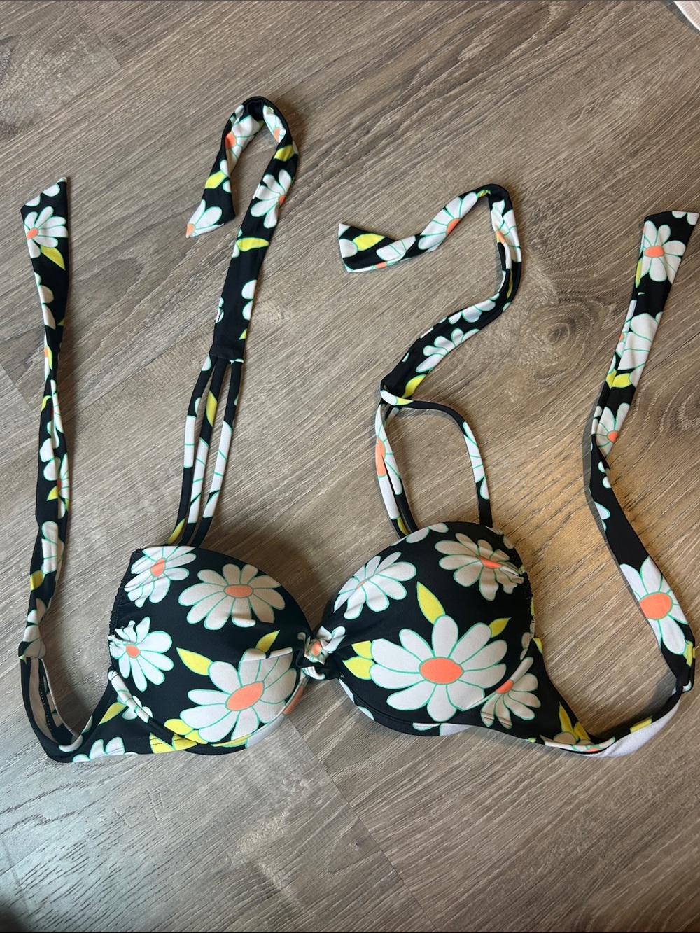 Black Floral Daisy Push Up Bikini Top with Coral Centers